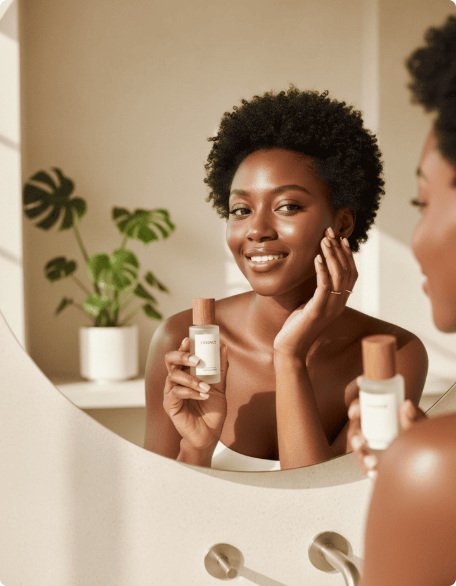 Mulher negra com um produto de cuidado da pele diante do espelho